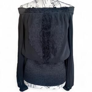 White House Black Market Sheer Top with Bell Sleeves Off the Shoulder